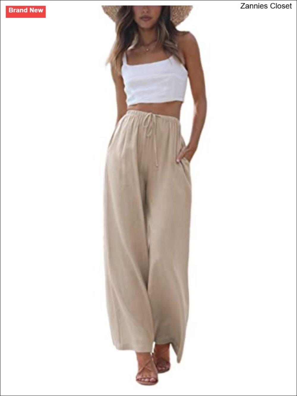 Faleave Cotton Linen Palazzo Pants Wide Leg Flowy Beach Trousers with Pockets